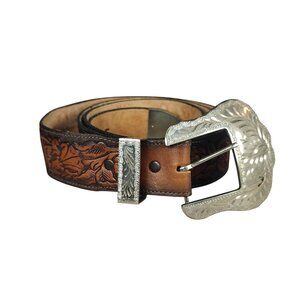 Vintage Sears Men's 52 Belt Western Tooled Genuine Leather With Silver Buckle
